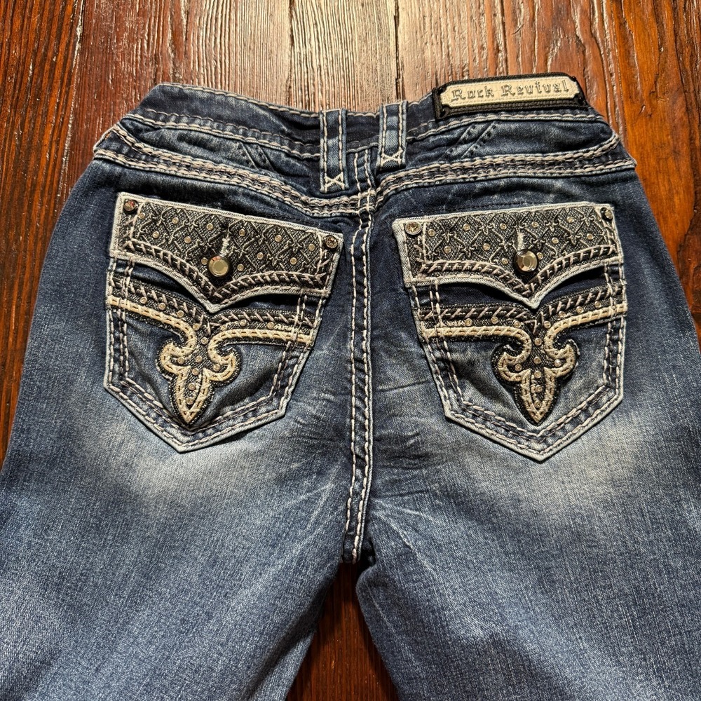Rock Revival Women's Skinny Jeans - Blue with Cream Embroidery